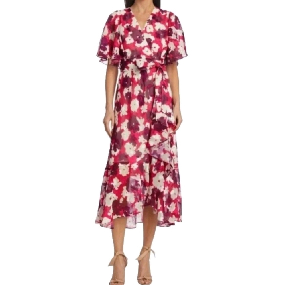 Tanya Taylor Blaire Floral Wrap Midi Dress Red Floral Self-Tie V-neck Sz 0 NWT